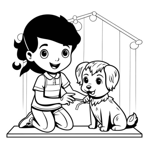 cute little girl playing with dog cartoon vector illustration gr