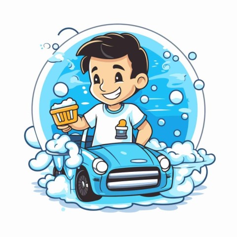 Cartoon man cleaning car with sponge and bucket. Vector illustra