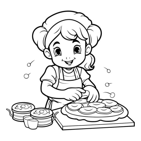 Black and White Cartoon Illustration of Little Girl Baking Panca