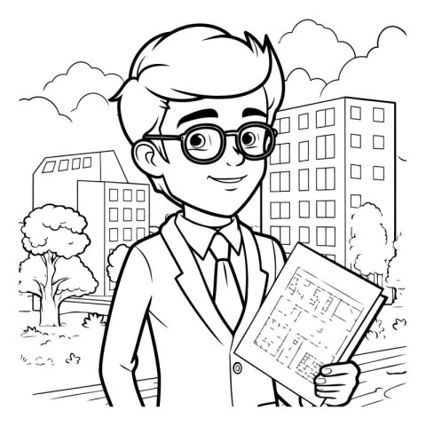 Black and White Cartoon Illustration of Young Man Architect or E