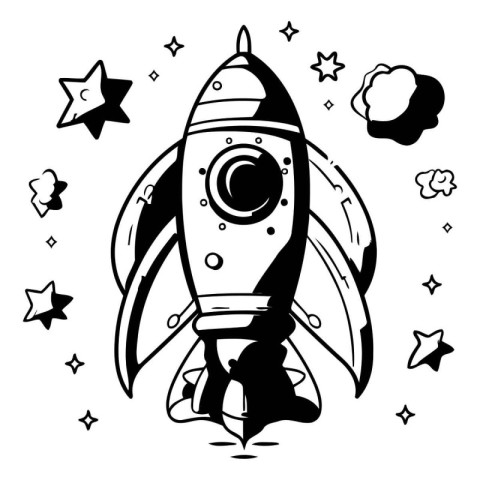 Space rocket. Black and white vector illustration in doodle styl