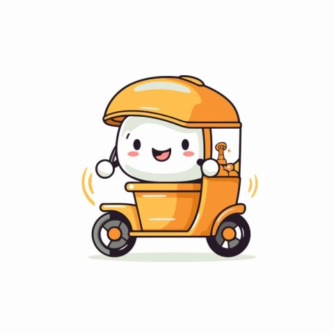 Cute cartoon snowman riding on a toy truck. Vector illustration.