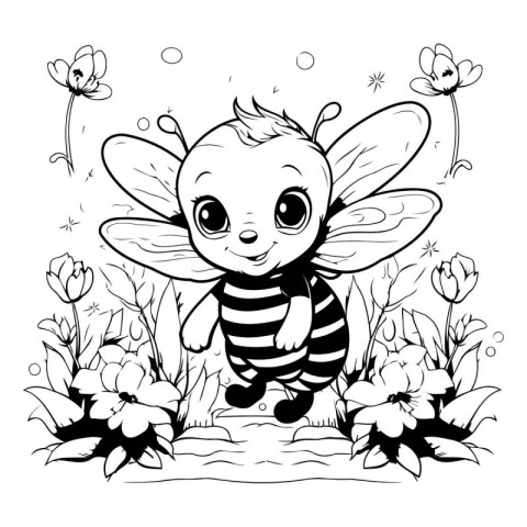 Cute little bee in the garden. Coloring book for children.