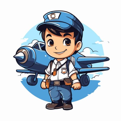 Cartoon pilot with airplane on blue sky background. Vector illus