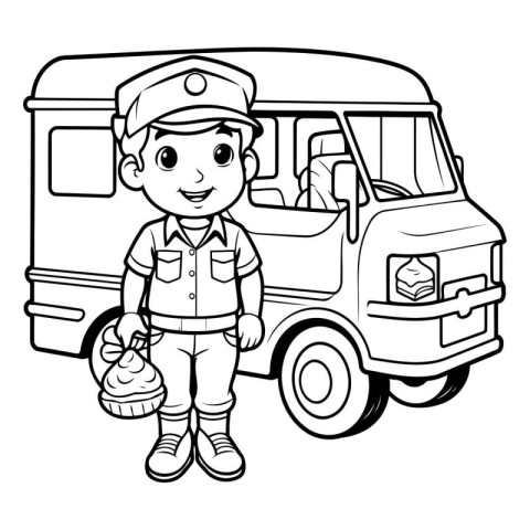 Black and White Cartoon Illustration of a Delivery Boy or Kid wi