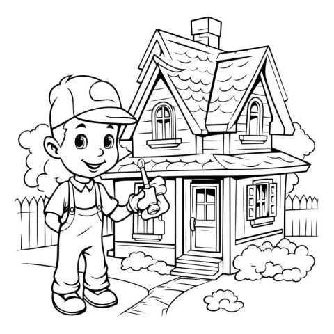 Black and White Cartoon Illustration of Little Boy Repairing Hou