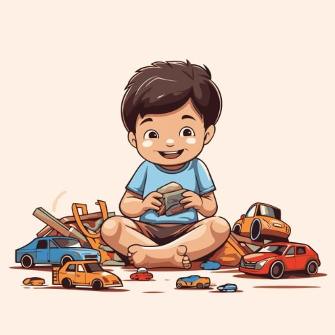 Cute little boy playing with toy cars. Vector cartoon illustrati