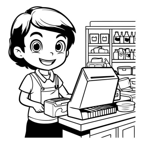 Black and white illustration of a boy working at a cash register