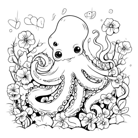 Octopus and flowers. Black and white illustration for coloring b