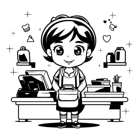 Cute schoolboy with backpack in school classroom. Vector illustr