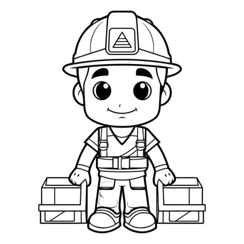 Firefighter Smiling - Black and White Cartoon Illustration. Vect