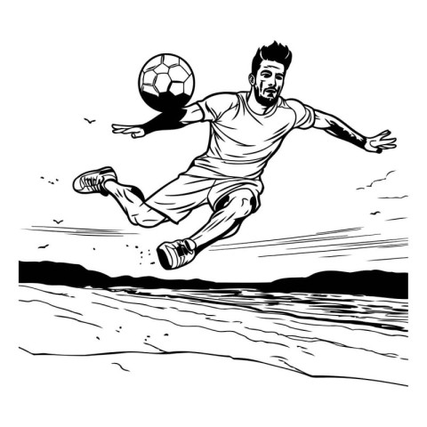 Soccer player jumping on the beach. Black and white vector illus