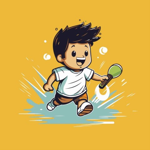 Vector illustration of a boy playing badminton. Cartoon style.