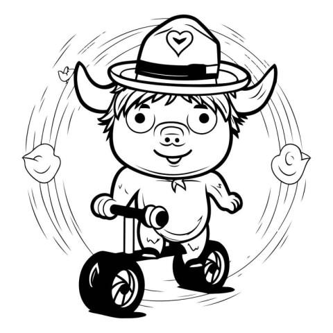 Black and White Cartoon Illustration of Cute Little Bull Riding