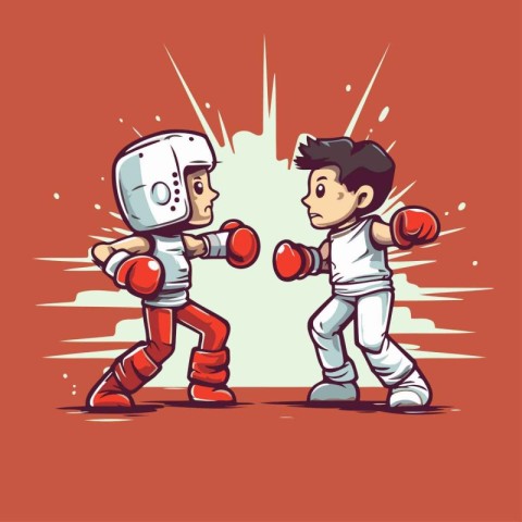 Vector illustration of a boy fighting with a robot on a red back