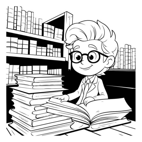 Black and White Cartoon Illustration of Boy Reading a Book at th