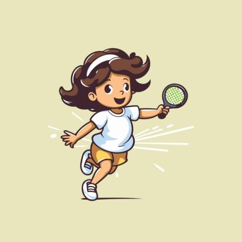 Little girl playing badminton. Vector illustration in cartoon st