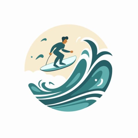 Surfer in the waves. Vector illustration in a flat style.