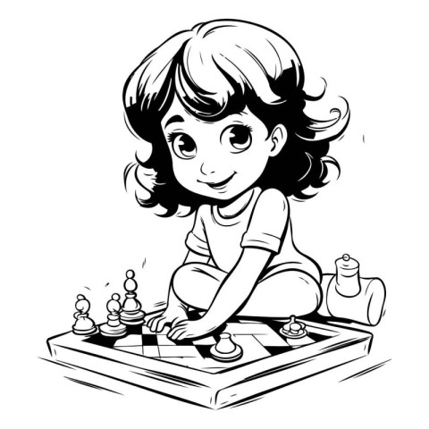 Cute girl playing chess. Black and white vector illustration for