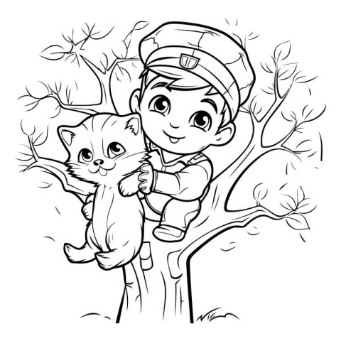 Coloring Page Outline of a boy with a cat on a tree