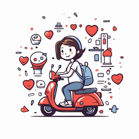 Cute boy riding a scooter in the city. Vector illustration