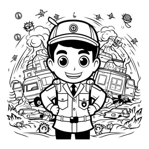 Black and White Cartoon Illustration of Boy Scout or Fireman Cha