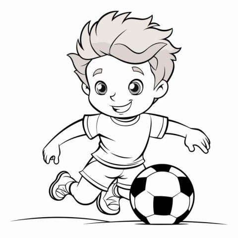 Cute boy playing soccer - black and white vector cartoon illustr