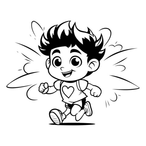 Cute Boy Running with Wings and Heart - Black and White Cartoon