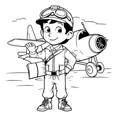 Black and White Cartoon Illustration of Kid Boy Pilot with Plane