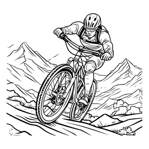 Mountain biker with a mountain bike. black and white vector illu