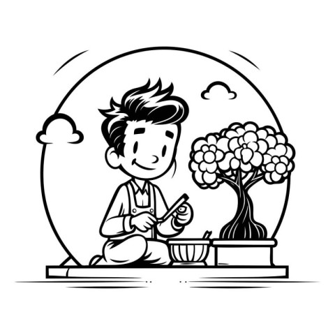 Boy playing japanese bonsai. Vector cartoon illustration.