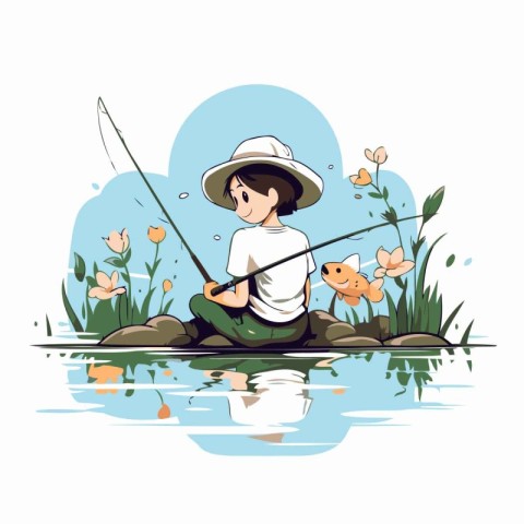 Fisherman with a fishing rod and a fish. Vector illustration.