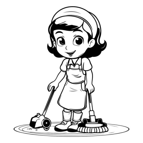 Cute Little Girl Cleaning Floor with Mop. Black and White Cartoo