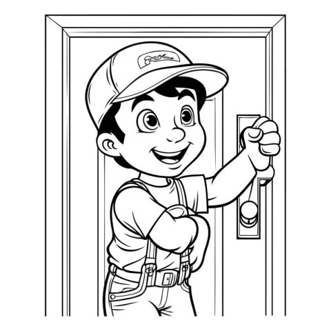 Black and white illustration of a smiling handyman opening a doo