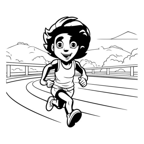 Sporty girl running on country road. black and white vector illu