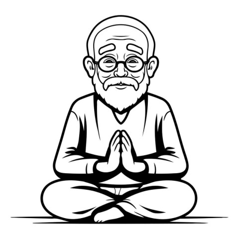 Old Man Meditating - Black and White Cartoon Illustration. Vecto