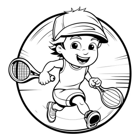 Vector illustration of a boy playing tennis on a tennis court. C