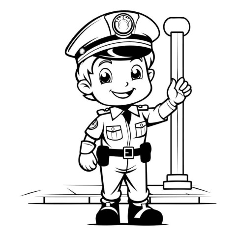 Black and White Cartoon Illustration of Little Policeman or Poli