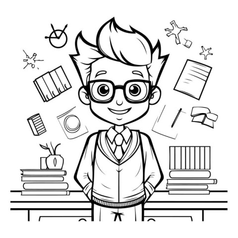 Boy with glasses standing in the classroom. Black and white vect