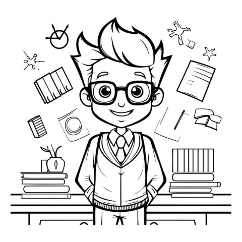Boy with glasses standing in the classroom. Black and white vect