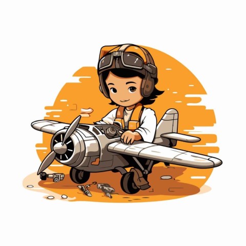 Cartoon aviator with old airplane. Vector illustration isolated