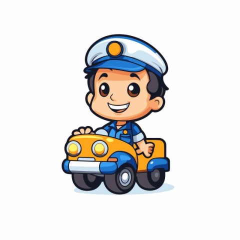 Cute cartoon police officer with a toy car. Vector illustration.