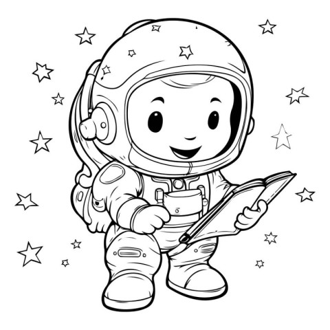 Illustration of a Little Astronaut Reading a Book Coloring Page