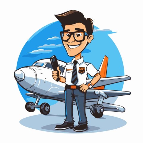 Vector illustration of a pilot with airplane and mobile phone in