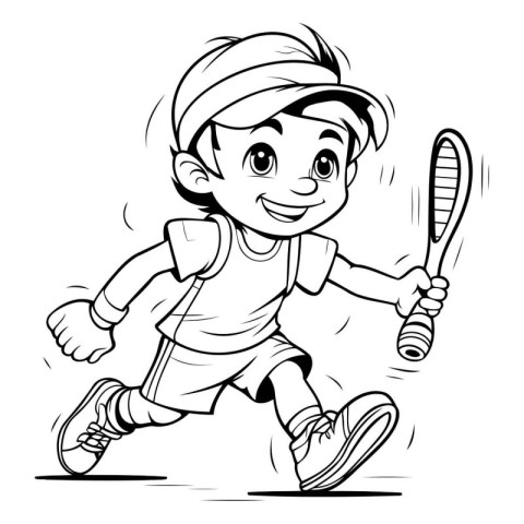 Black and White Cartoon Illustration of Little Boy Playing Tenni