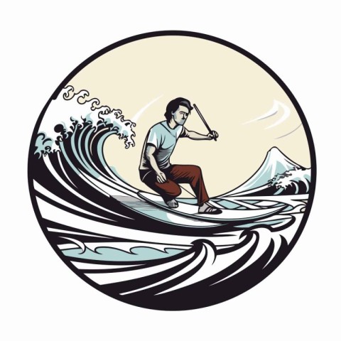 Illustration of a surfer riding a wave viewed from side set insi