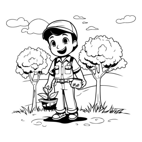 Cute boy working in the garden. black and white vector illustrat