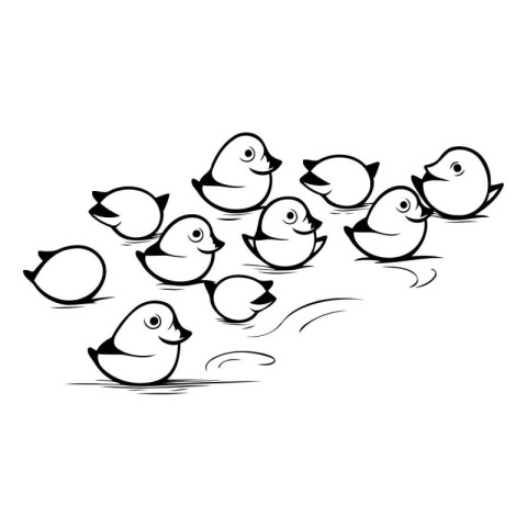 Black and white illustration of a group of chicks on a white bac