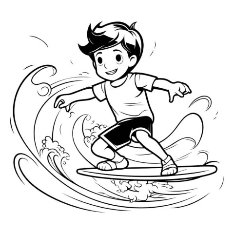 Boy surfing on the wave. Black and white vector illustration for