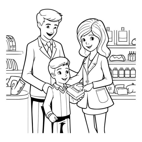 Black and white illustration of a family at the supermarket. Mot